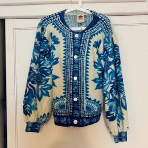 Farm Rio Embroidered Blue Floral Cardigan Sweater – Size XS